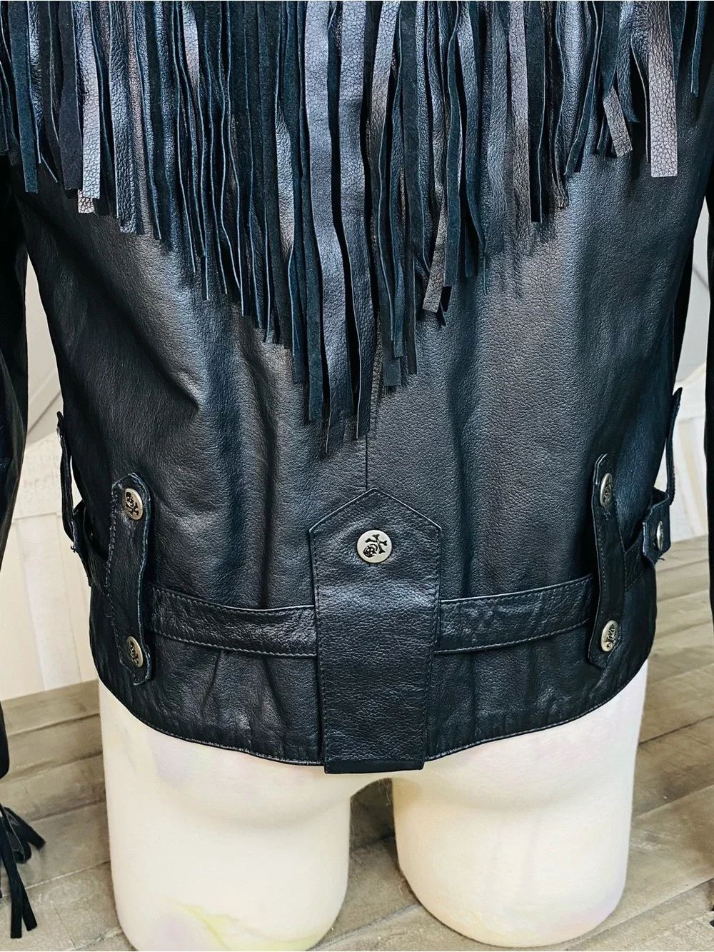 Vintage Leather Warehouse Black Fringe Moto Jacket Belted Western Rock Sz 44